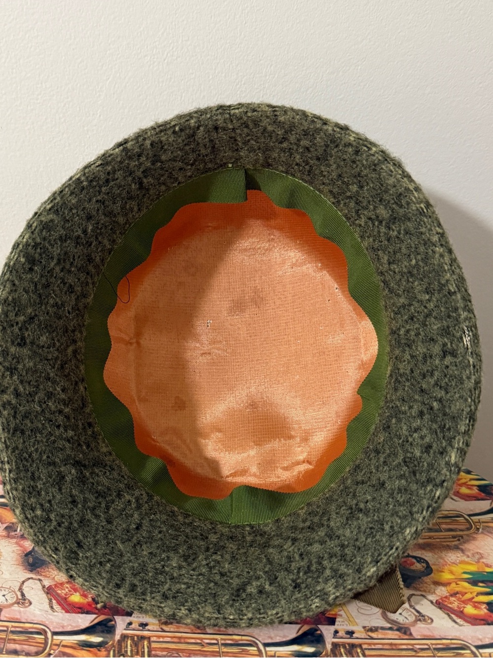 Vintage Olive Green Wool Mohair Cloche Hat with Brown Grosgrain Bow - Picture 3 of 3